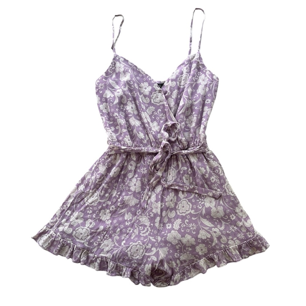 Crystal Doll Women’s XS Lgt Purple White Floral Spaghetti Tank Ruffle Tie Romper